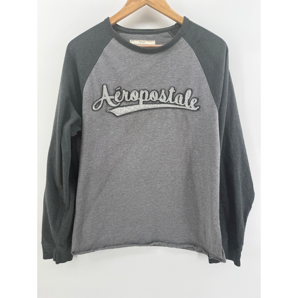 Aeropostale Mens Long Sleeve Raglan Shirt Grey Graphic Logo Cotton Size L